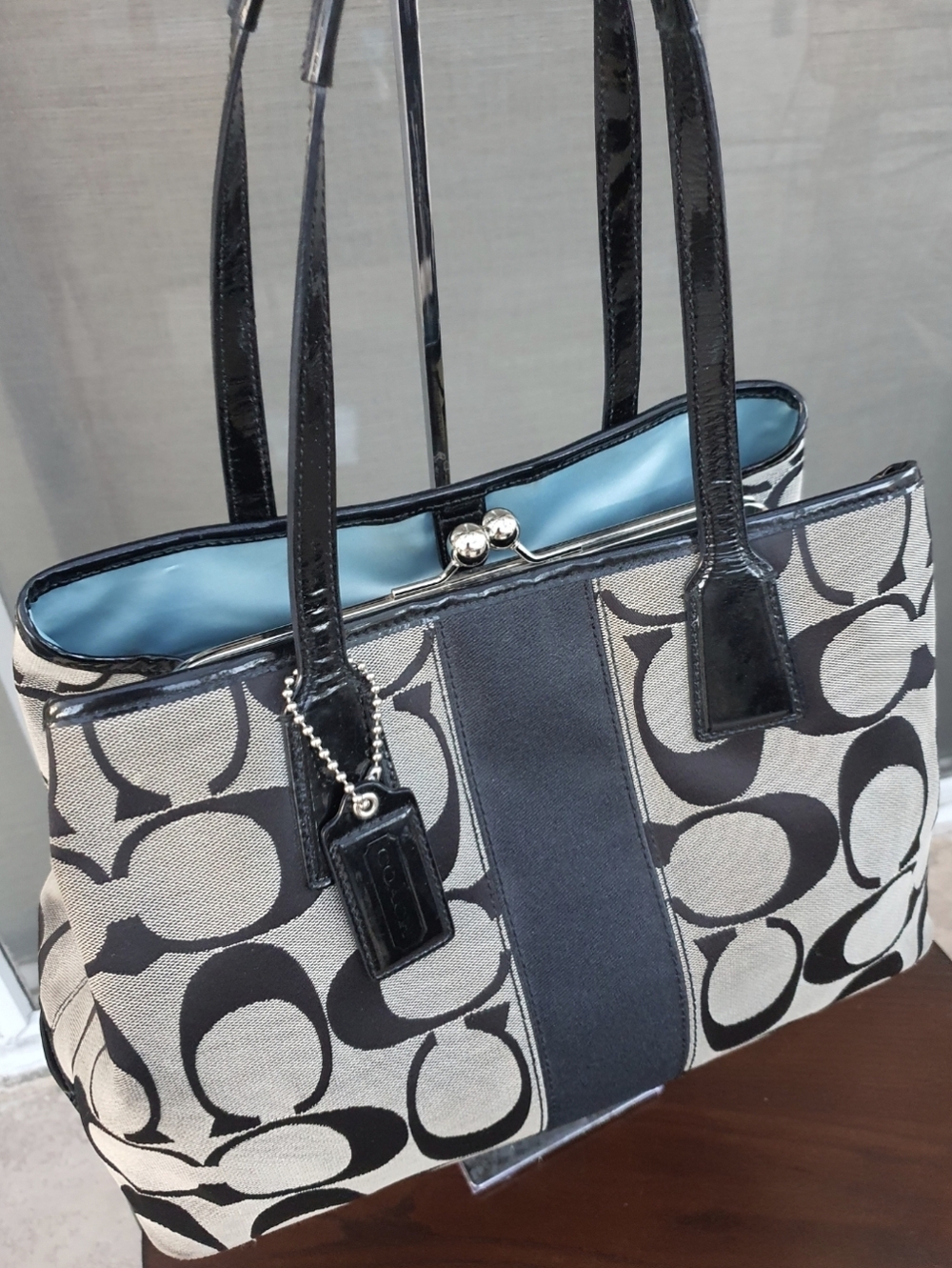 Coach Kisslock F13533 Signature Stripe Blck Gray Jacquard Carryall Shoulder Tote